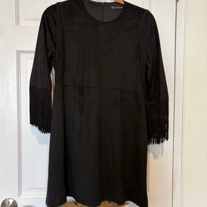 Zara black faux suede three quarter sleeve fringe dress size small 6